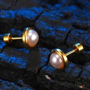 14K Gold over Stainless Steel Faux Pearl Screw Back Earrings Women's Jewelry